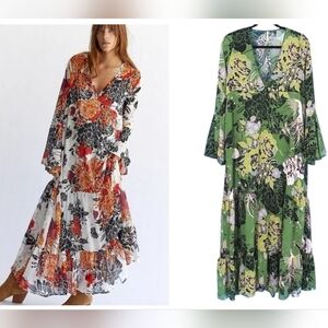FREE PEOPLE Moroccan Roll Maxi Dress Bell Sleeves In Green Multi Floral. Size XS